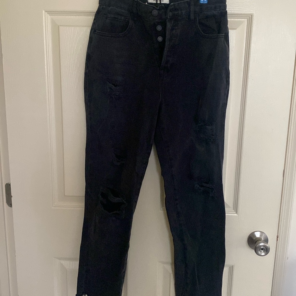 Ripped Black High Rise Straight Leg Jeans Size 27